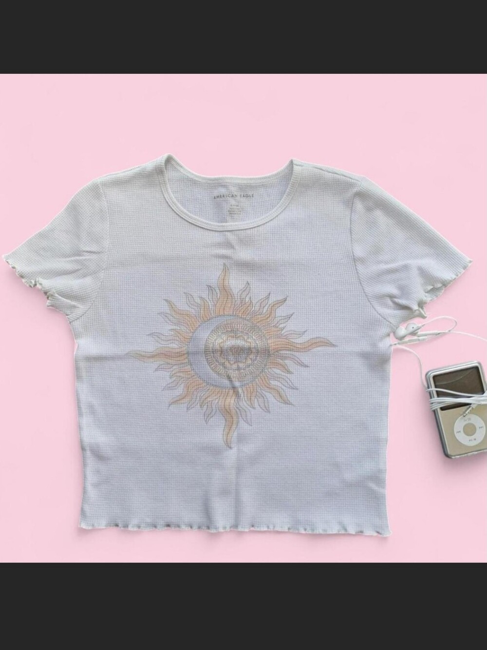 American Eagle White Sun and Moon Cropped Graphic Tee Size Small